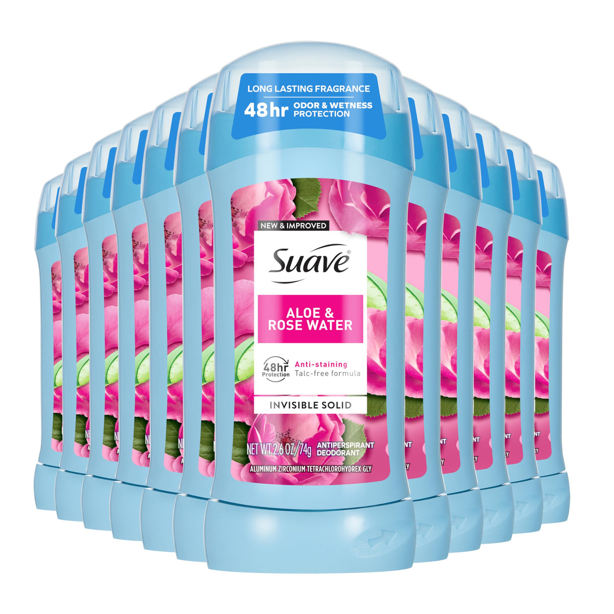Suave Aloe & Rose Water deodorant stick ready for everyday use with invisible protection.