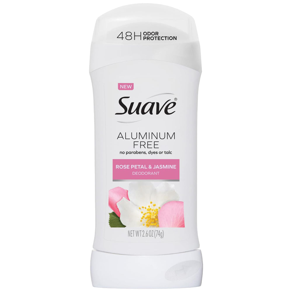 Suave aluminum-free deodorant Rose Petal Jasmine bottle for all-day freshness.