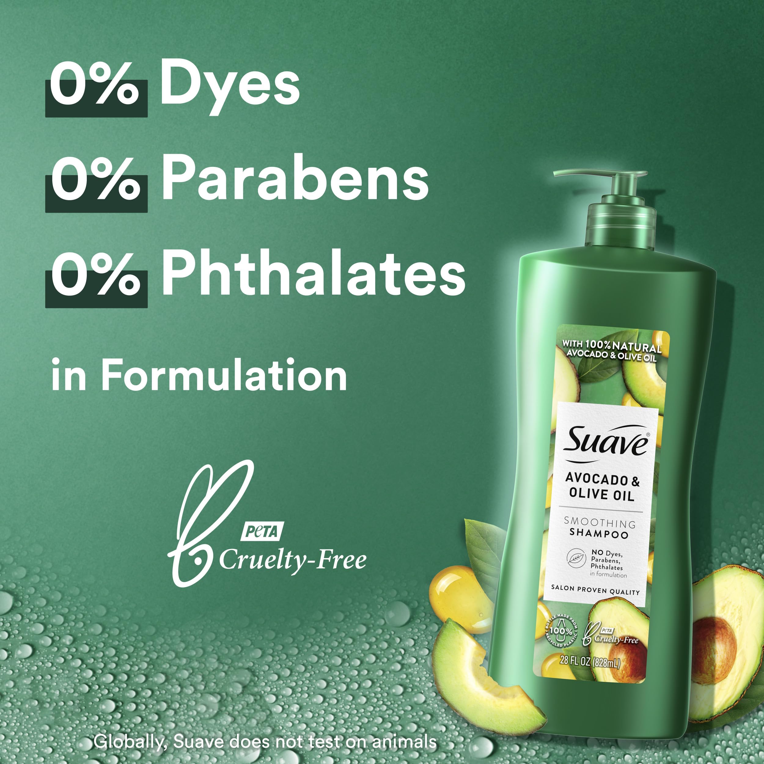 Suave Avocado + Olive Oil Shampoo bottle on bathroom shelf after wash