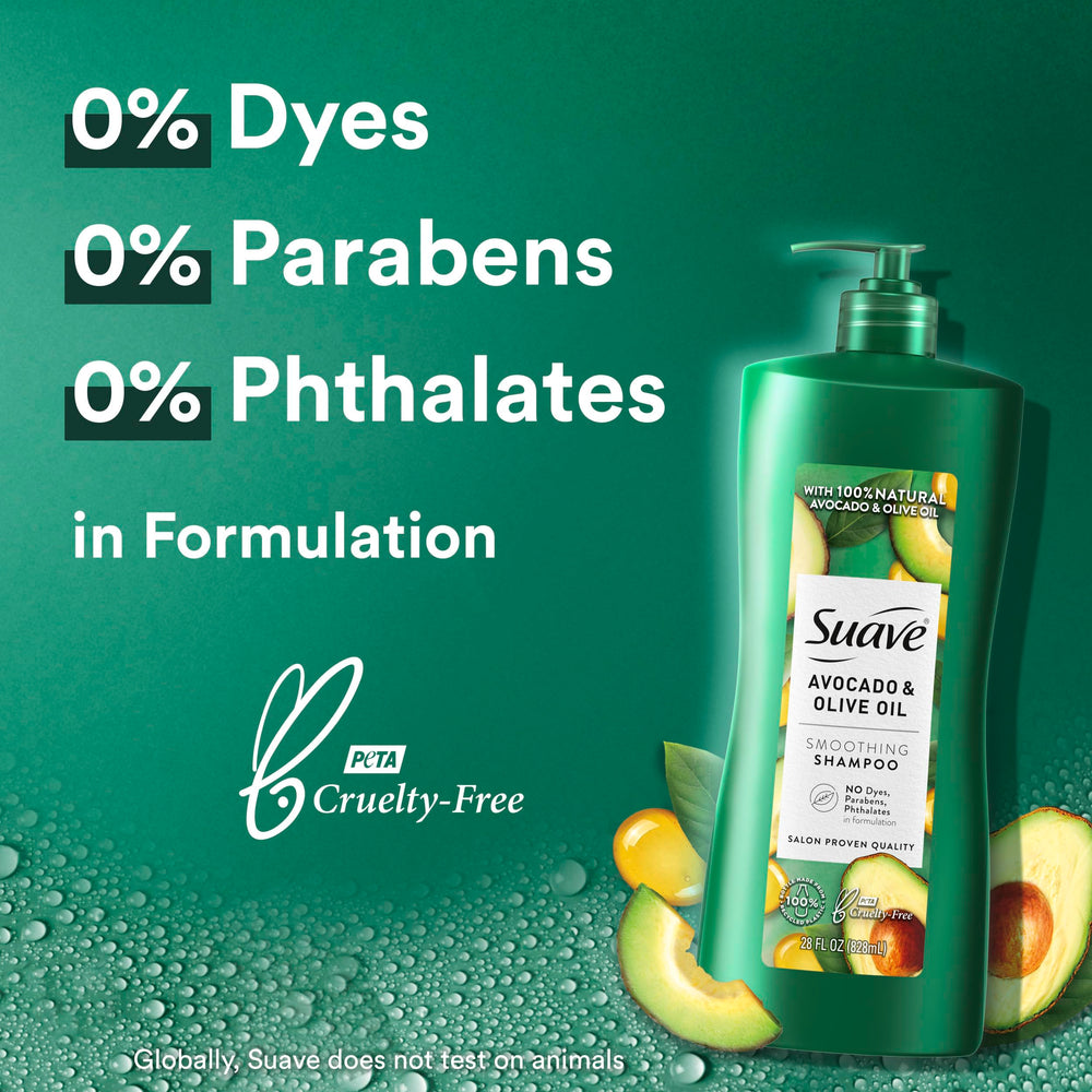 Suave Avocado + Olive Oil Shampoo bottle on bathroom shelf after wash