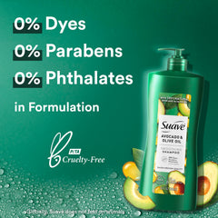 Suave Avocado + Olive Oil Shampoo bottle on bathroom shelf after wash