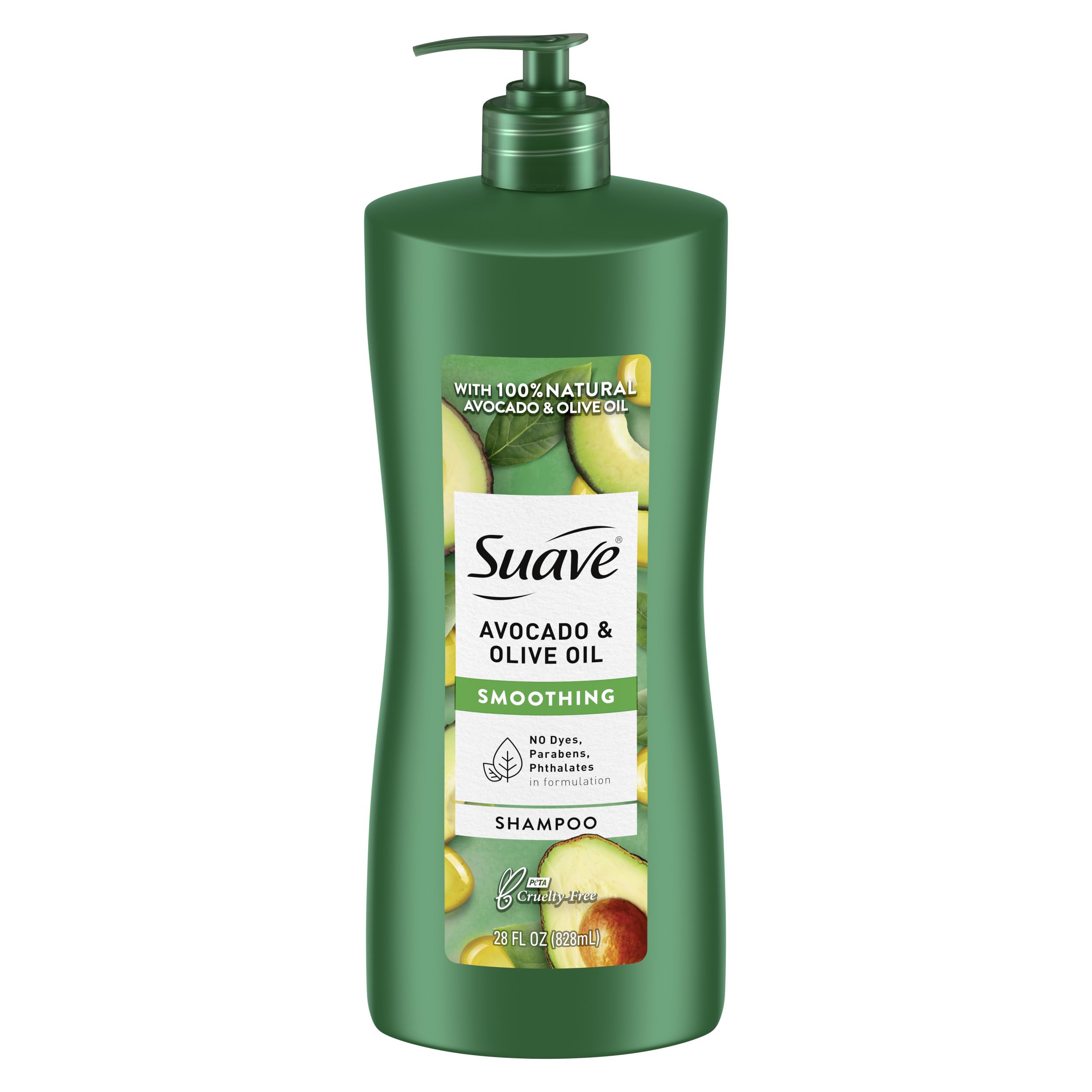 Suave Avocado + Olive Oil Shampoo bottle pouring for frizz-free smooth hair