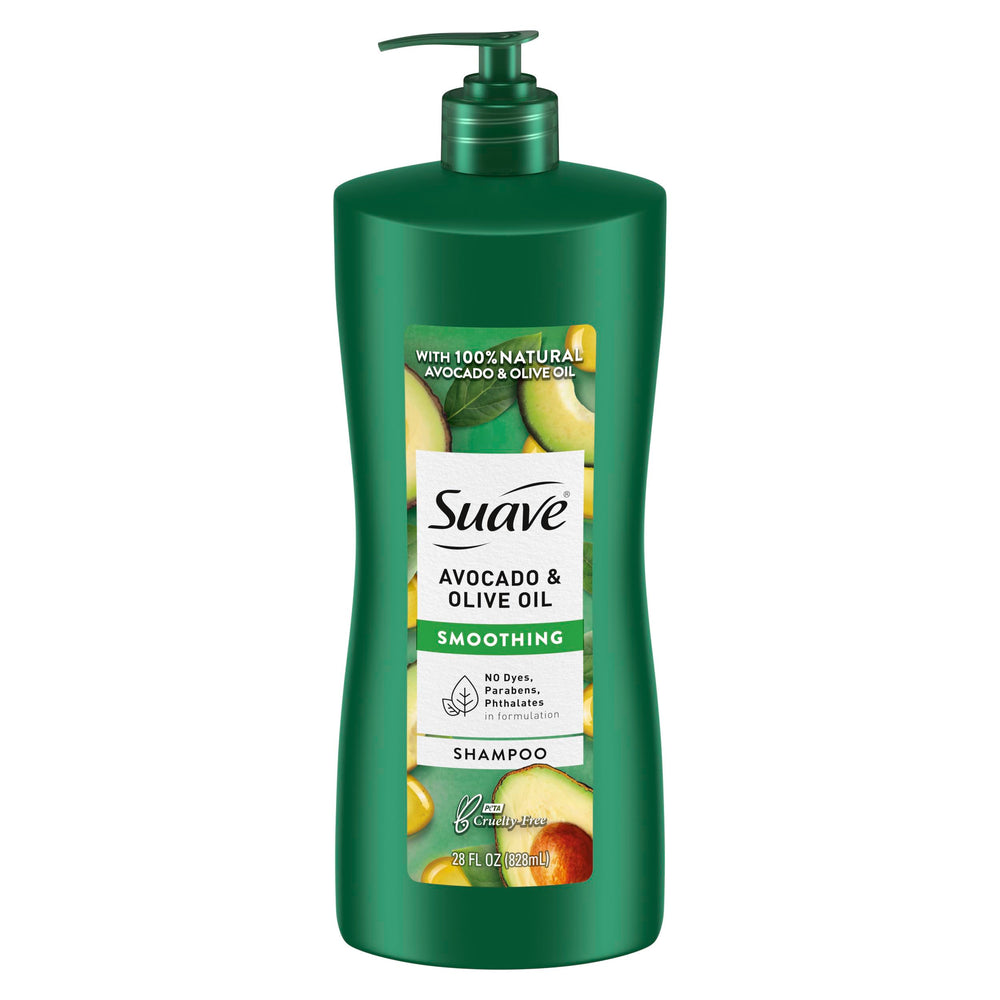 Suave Avocado + Olive Oil Shampoo bottle pouring for frizz-free smooth hair