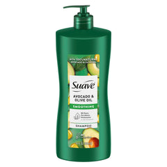 Suave Avocado + Olive Oil Shampoo bottle pouring for frizz-free smooth hair