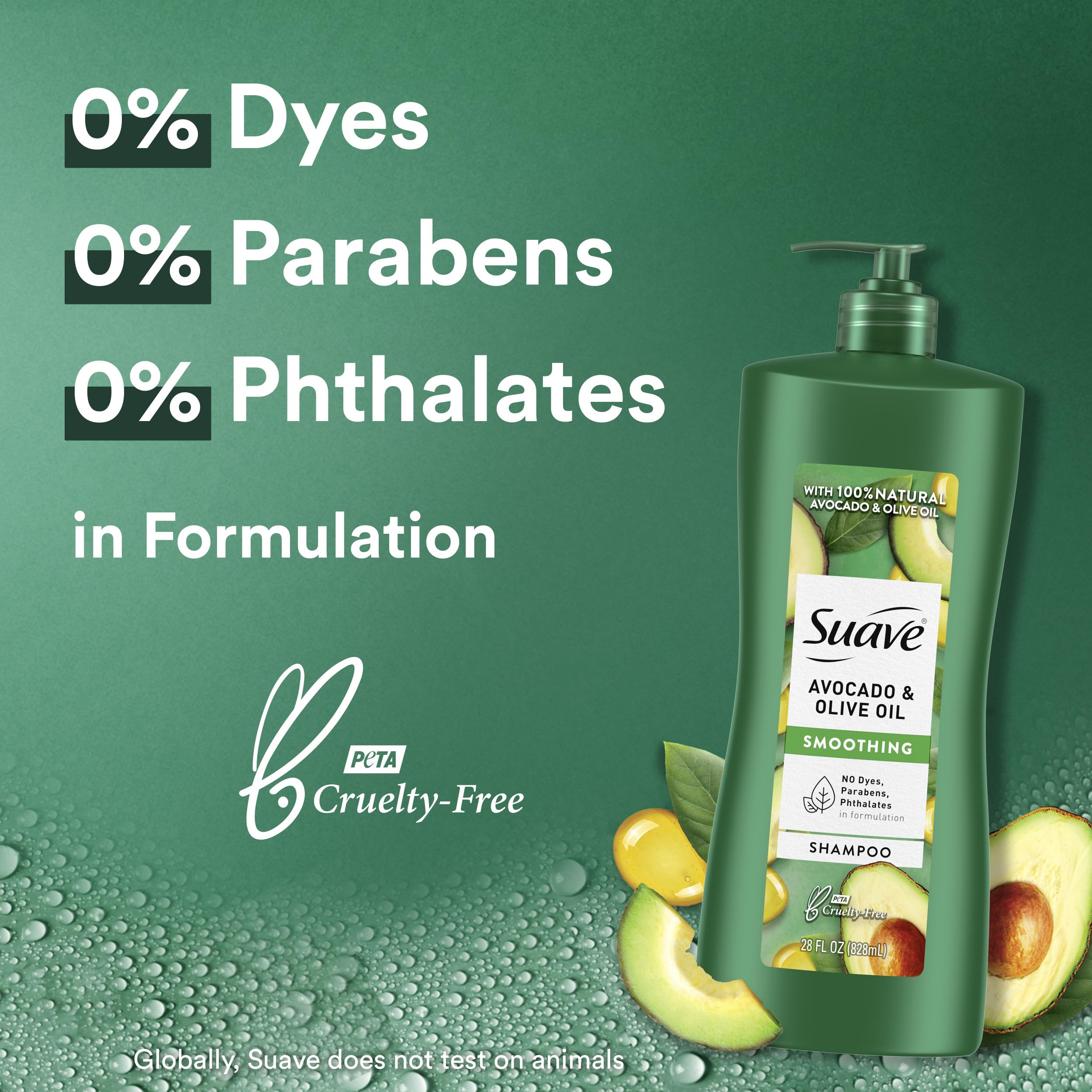 Ingredients highlight avocado and olive oil on Suave packaging for moisture