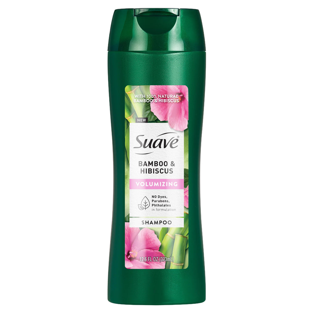 Suave Bamboo & Hibiscus shampoo bottle showing volume boost for fine hair