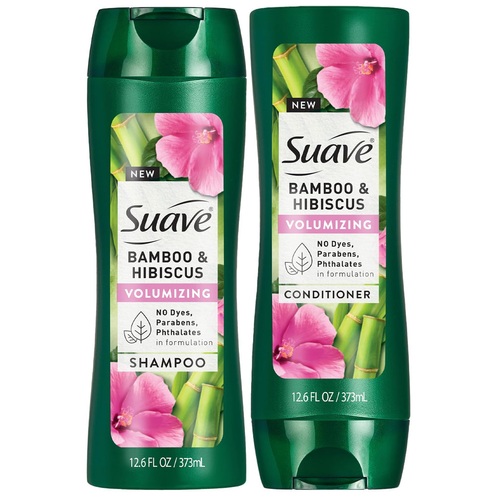 Suave Bamboo Hibiscus shampoo bottle for daily volume and refreshed hair.