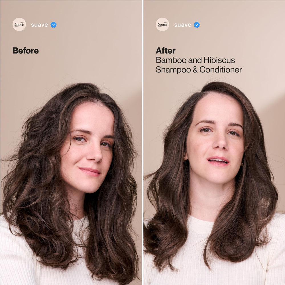 Wet hair scene showing Suave Bamboo & Hibiscus gentle cleanse without weight