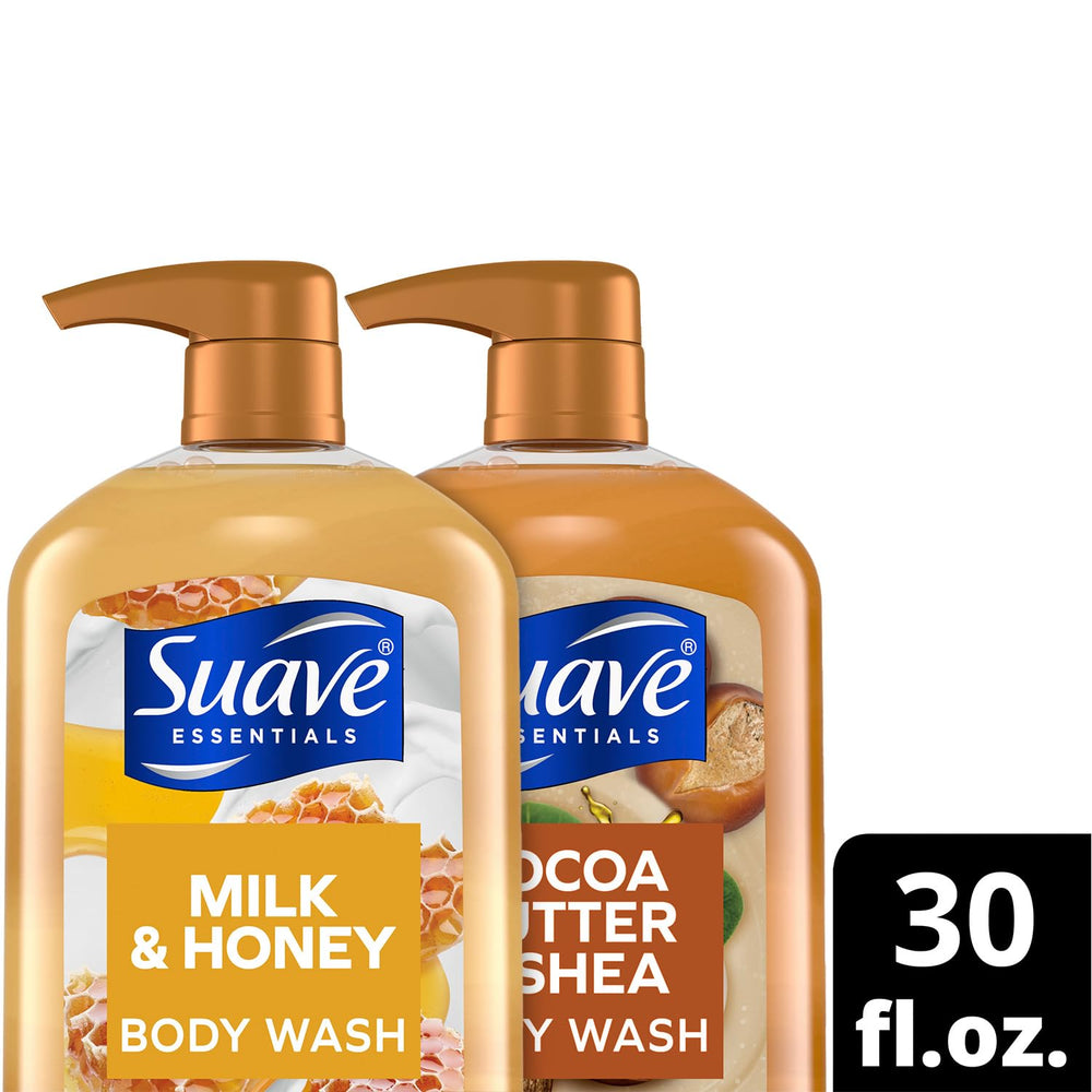 Suave Cocoa Butter & Shea bottle pour highlighting rich hydration with vitamin E.