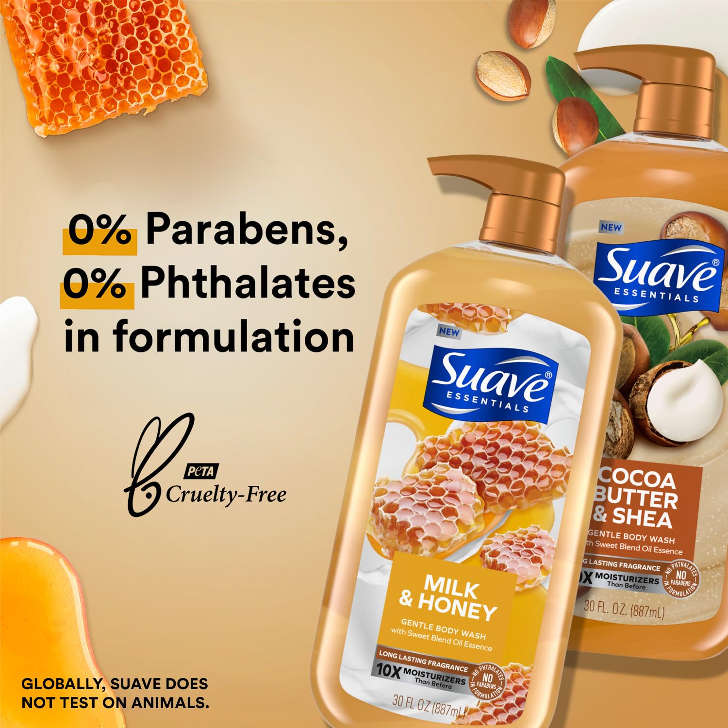 Suave Cocoa Butter & Shea foamy lather for velvety skin and nourished feel.