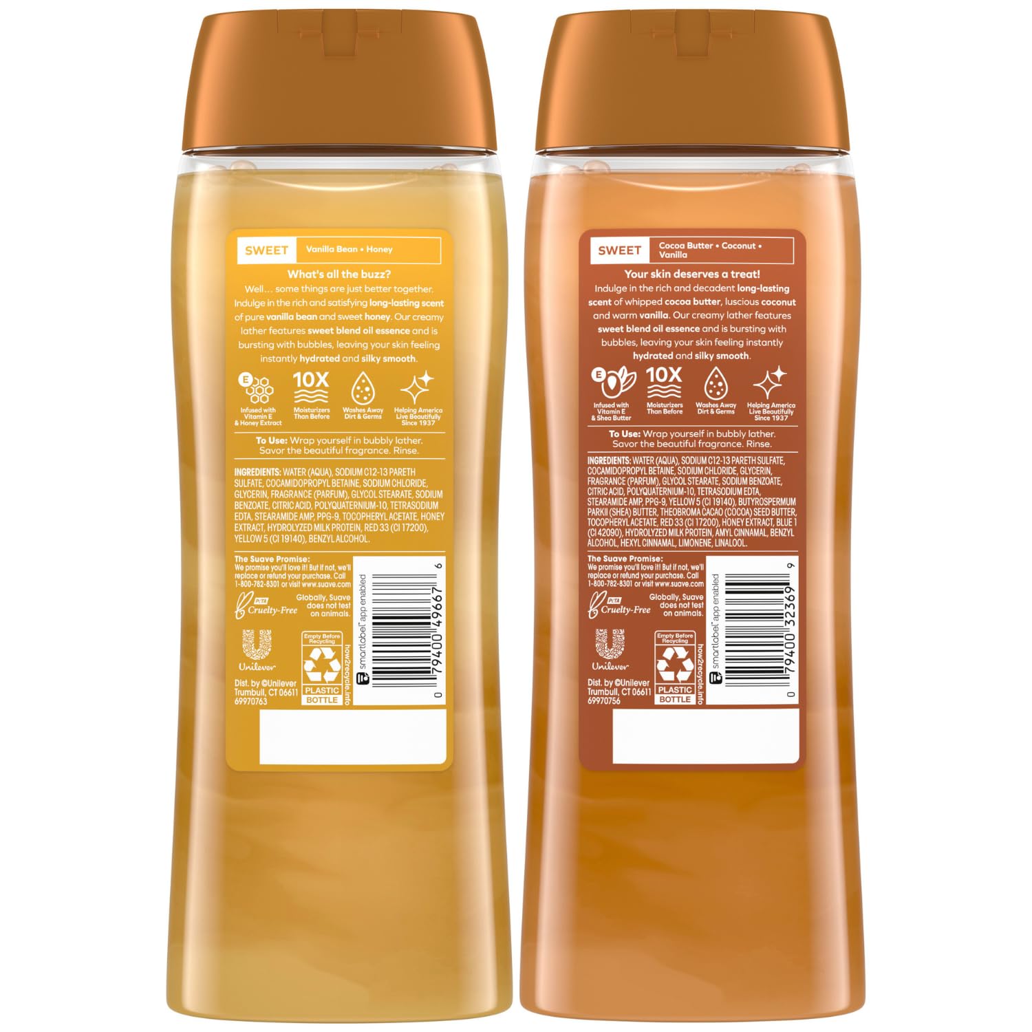 Suave Body Wash essence swatch illustrates sweet blend oils for skin nourishment.
