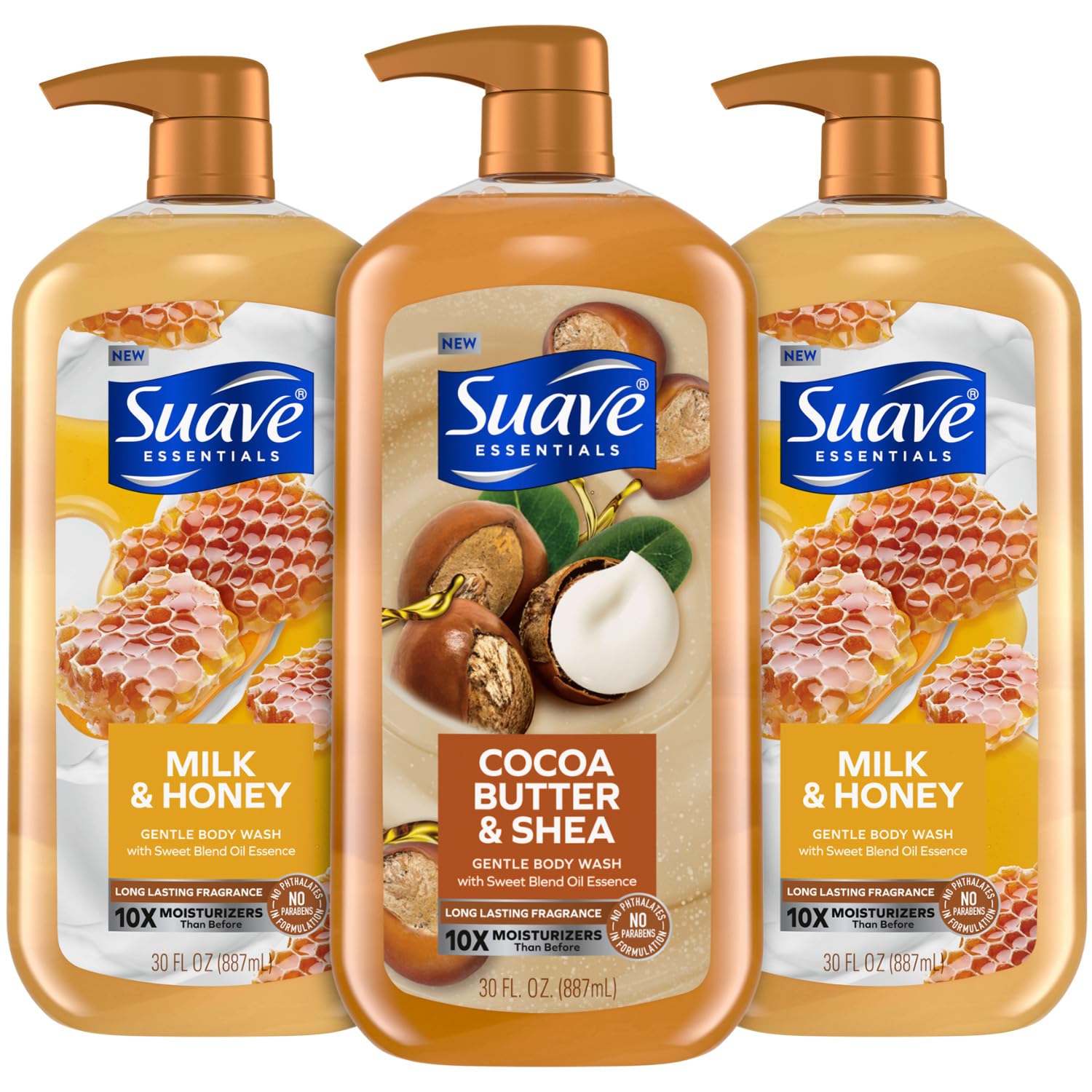 Suave Milk & Honey body wash bottle being poured for gentle daily moisture.