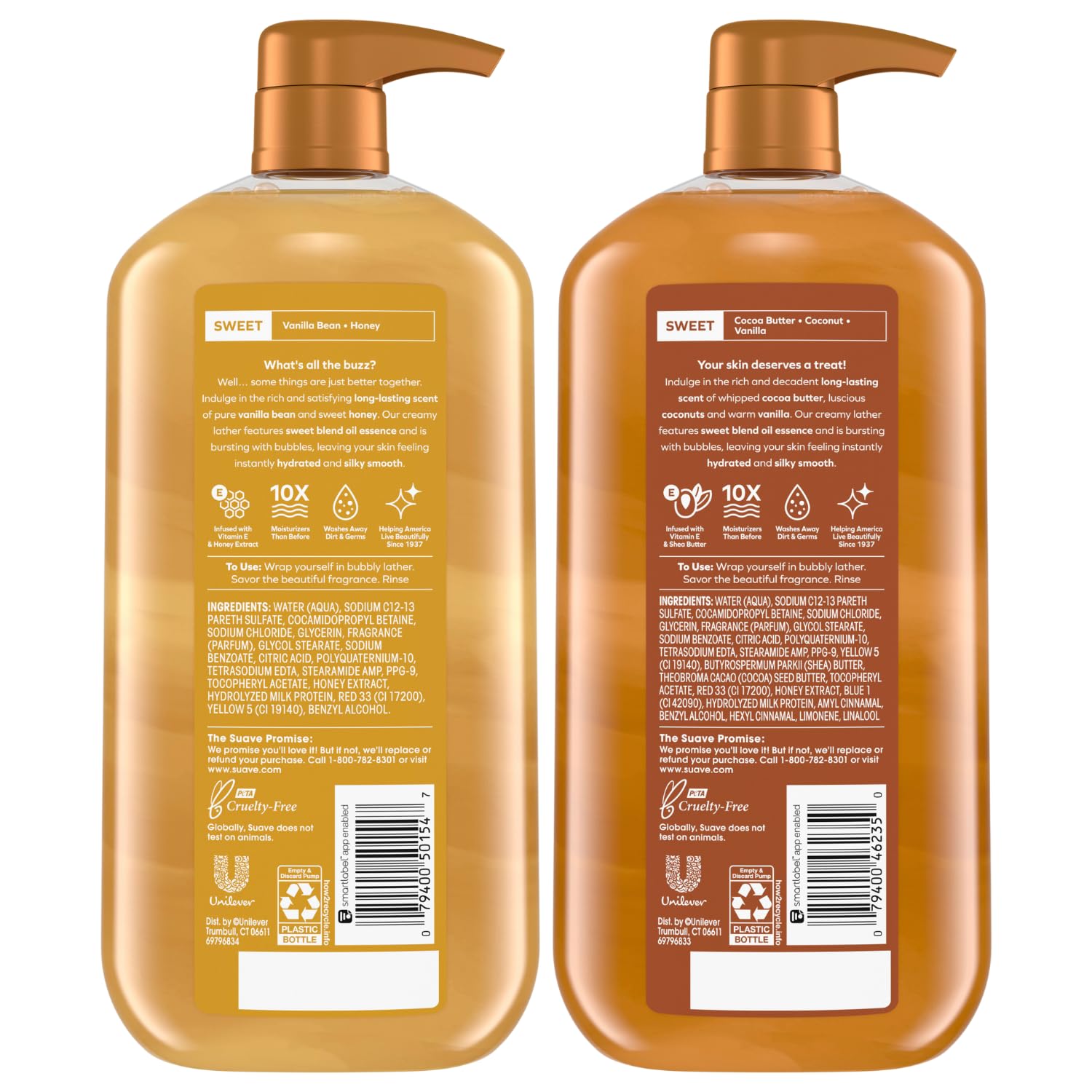 Suave Milk & Honey foamy lather for a soft, fragrant shower experience.