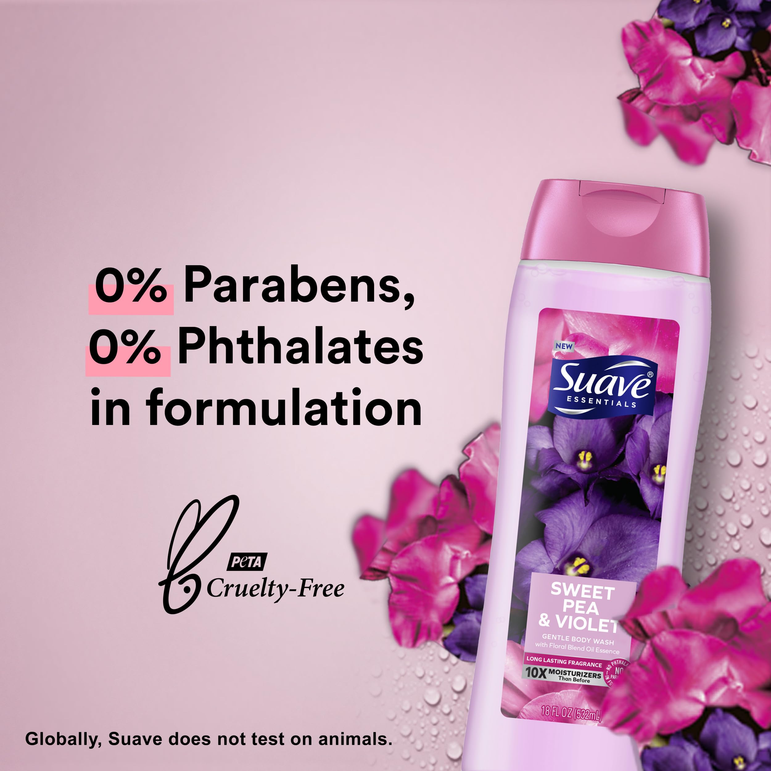 Suave Sweet Pea and Violet pour showing creamy lather for a refreshing cleanse