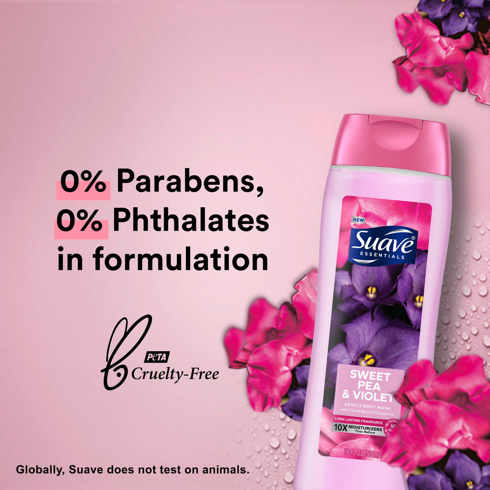 Suave Sweet Pea and Violet pour showing creamy lather for a refreshing cleanse