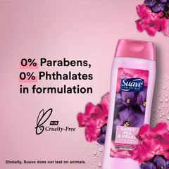 Suave Sweet Pea and Violet pour showing creamy lather for a refreshing cleanse