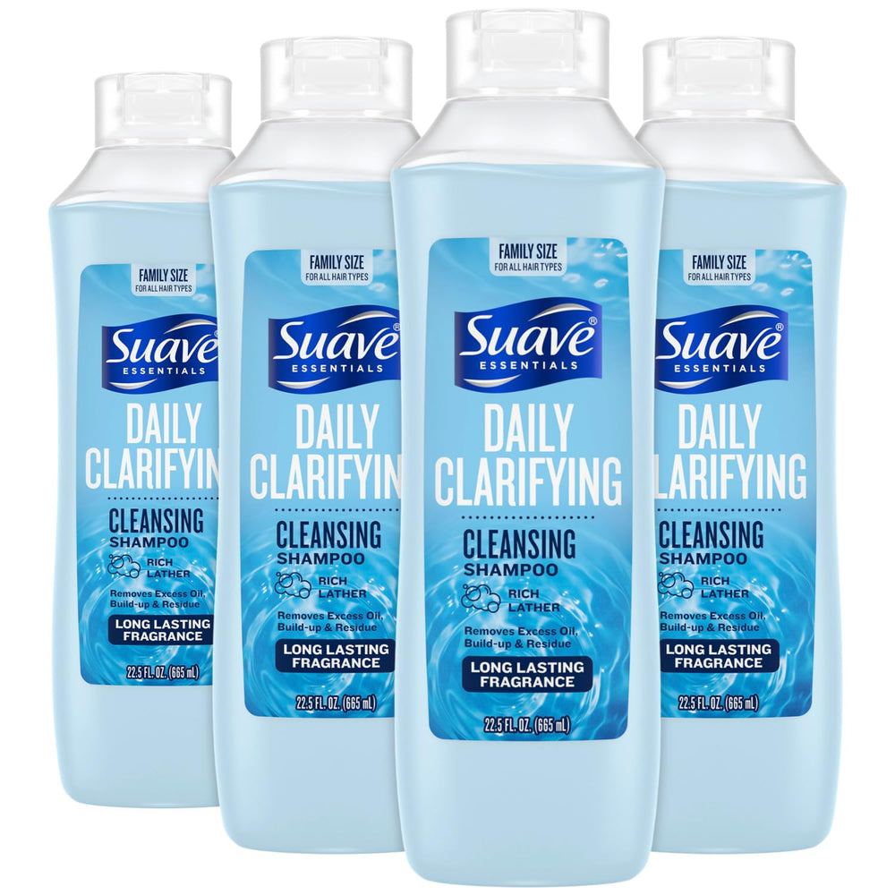 Suave Clarifying Shampoo bottle front in family-pack for a fresh, residue-free cleanse.