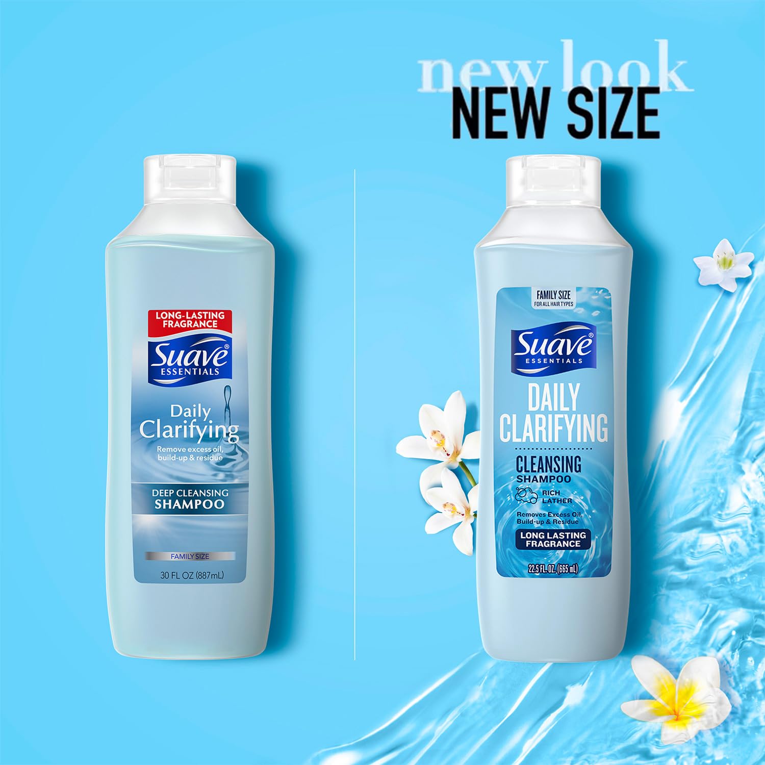 Pour shot of Suave Clarifying Shampoo showing rich lather for deep cleansing.