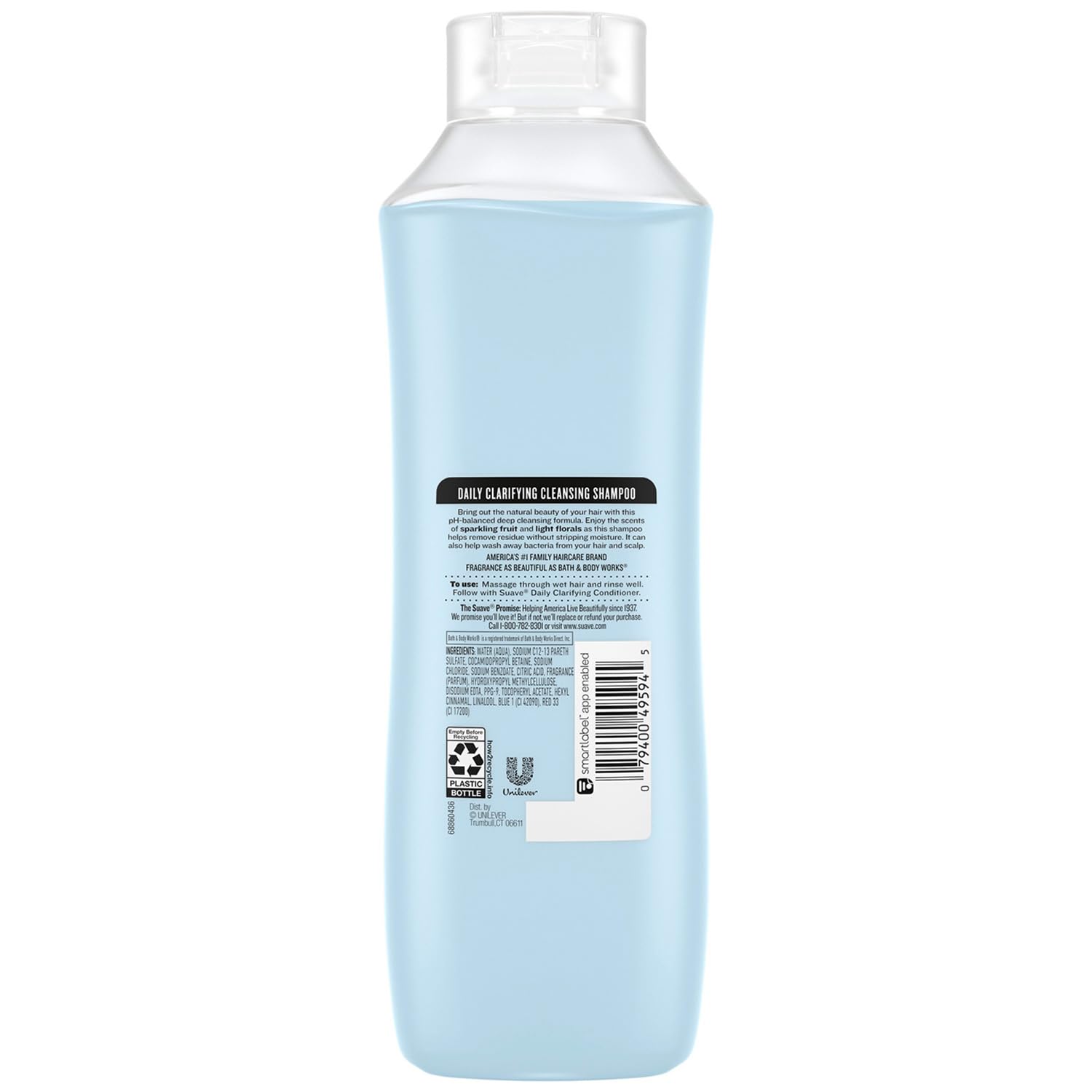 Packaging image of Suave Clarifying Shampoo 4-pack emphasizing value for family use.
