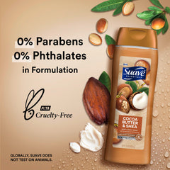 Suave Cocoa Butter and Vanilla bottle pour for comforting cleanse.