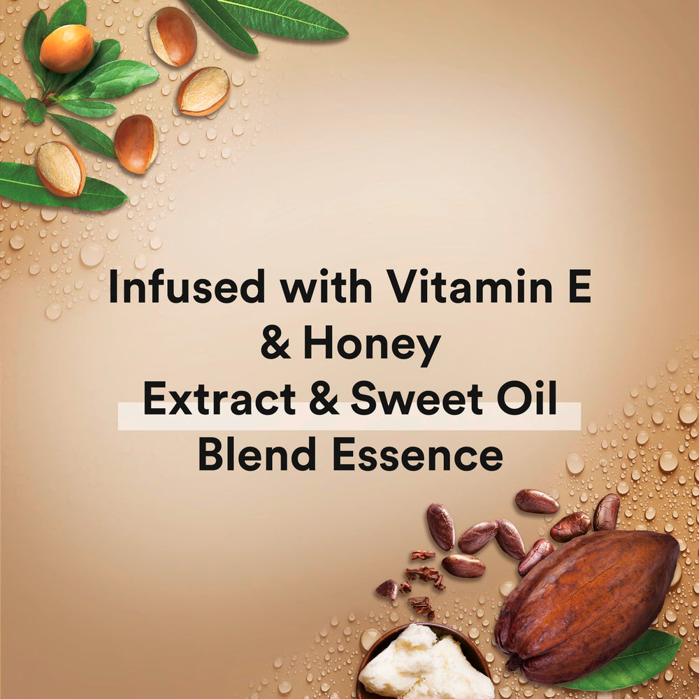 Suave Cocoa Butter and Vanilla label closeup highlights updated formula.