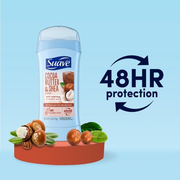 Suave Cocoa Shea Butter Deodorant packaging with clear, long-lasting protection.