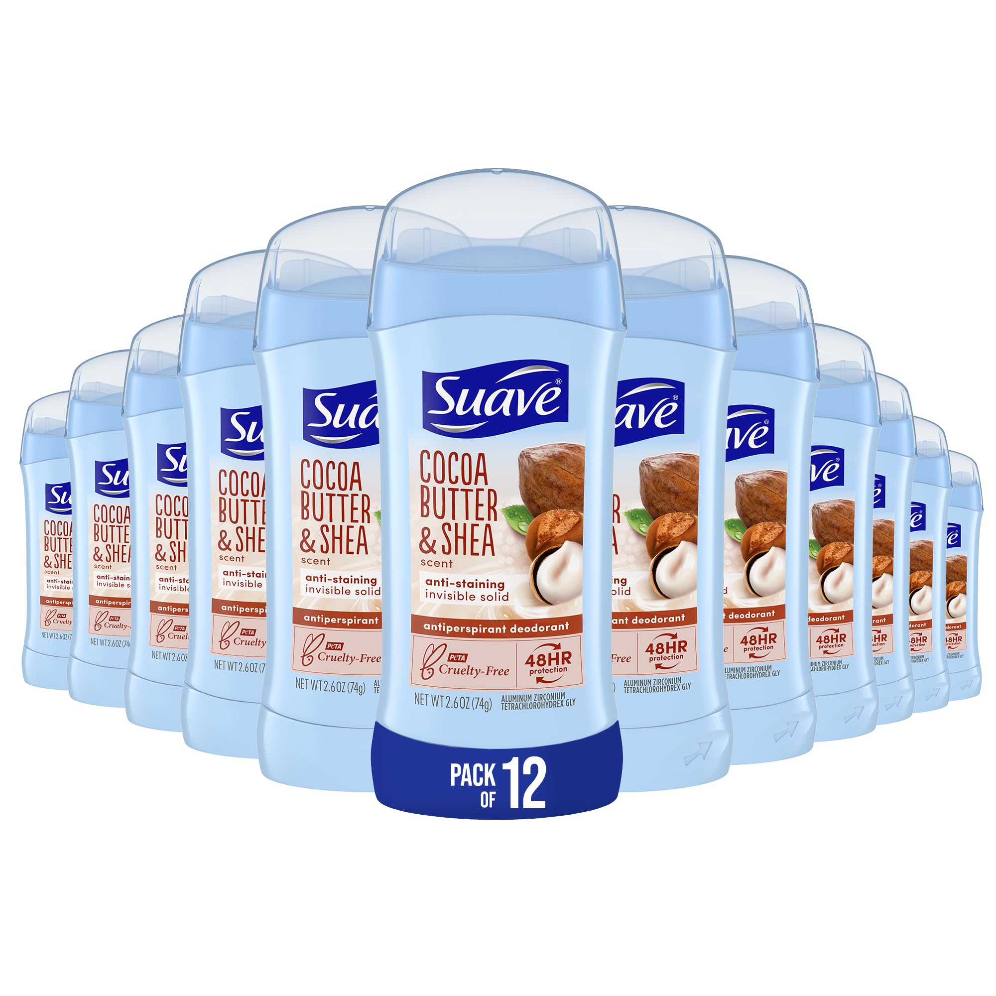 Suave Cocoa Shea Butter Deodorant Stick provides invisible protection on skin.
