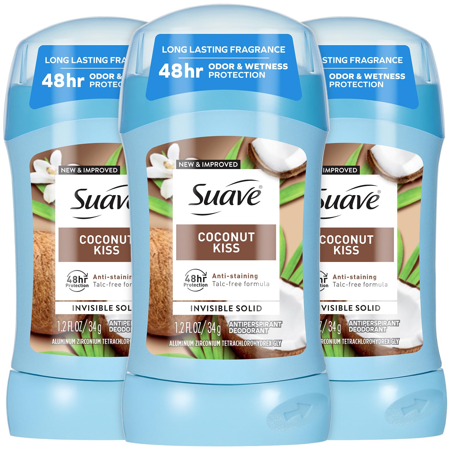 Suave Coconut Kiss 3-pack pack shot highlights talc-free formula and long-lasting protection.
