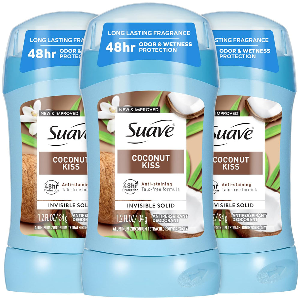 Suave Coconut Kiss 3-pack pack shot highlights talc-free formula and long-lasting protection.
