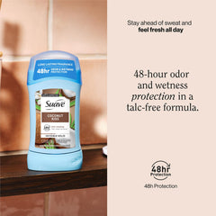 Back view of Suave Coconut Kiss pack showing talc-free formula