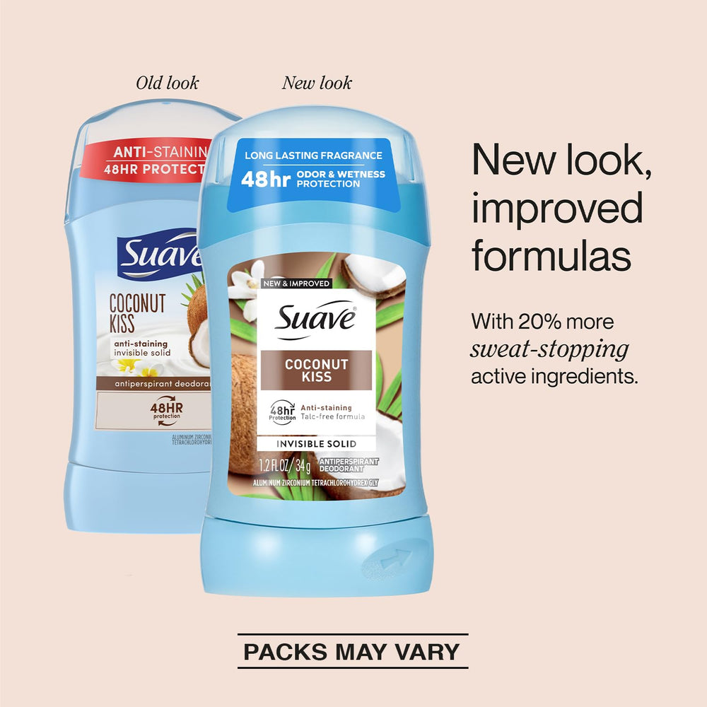 Suave Coconut Kiss deodorant stick close-up on skin for daily protection