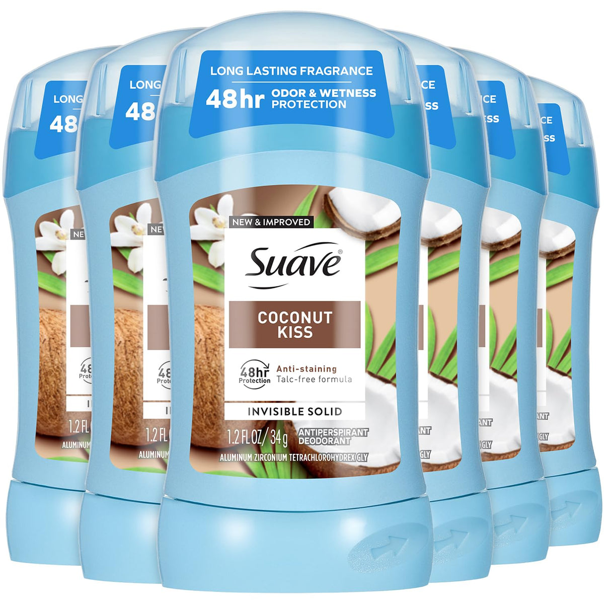 Suave Coconut Kiss packaging highlights talc-free formula for everyday freshness.