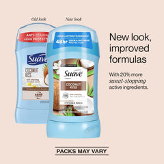 Suave Coconut Kiss stick-application close-up shows easy glide and fresh fragrance.