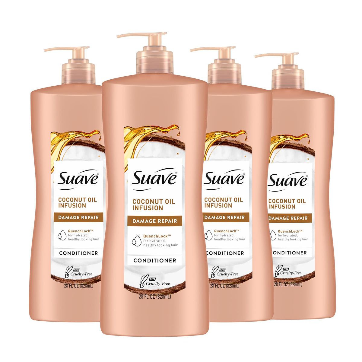 Suave Coconut Oil Damage Repair Conditioner bottle shows coconut infusion for moisturized, smoother hair