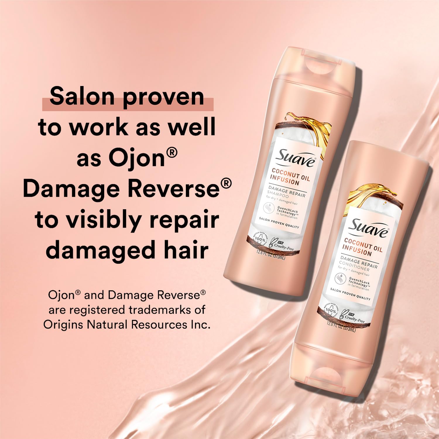 Suave Coconut Oil Infusion Conditioner bottle promotes detangling and softness.