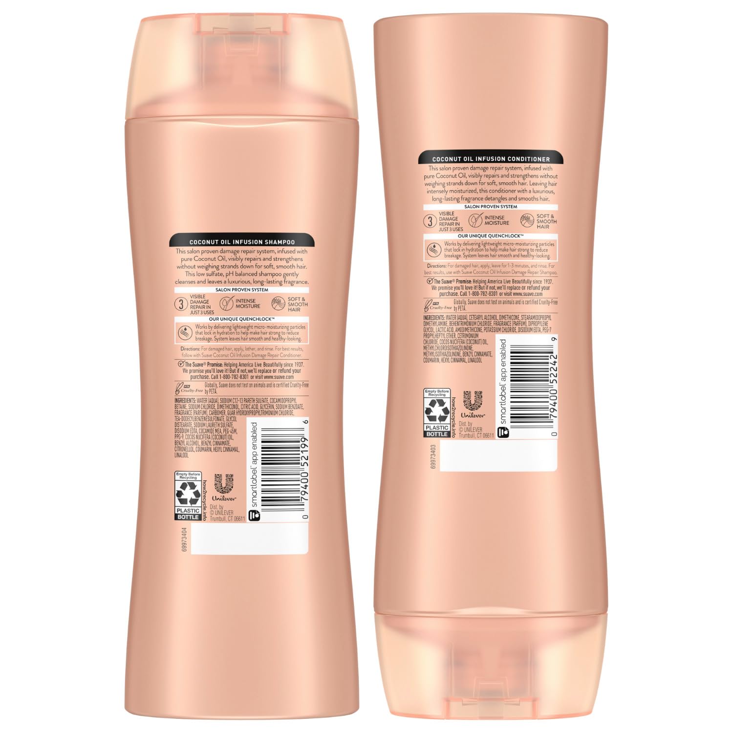 Shampoo and conditioner label highlighting QuenchLock hydration technology.