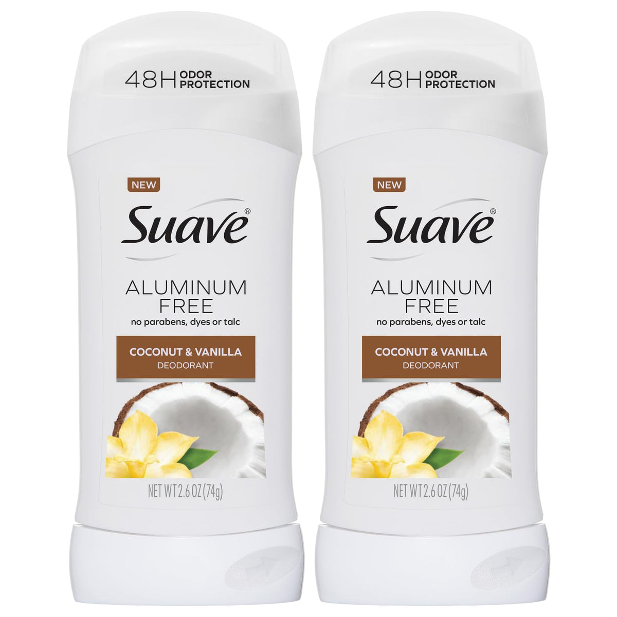 Suave Coconut & Vanilla 2-pack box showing aluminum-free formula for daily use.