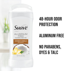 Close-up of Suave Coconut & Vanilla deodorant stick highlighting smooth glide.