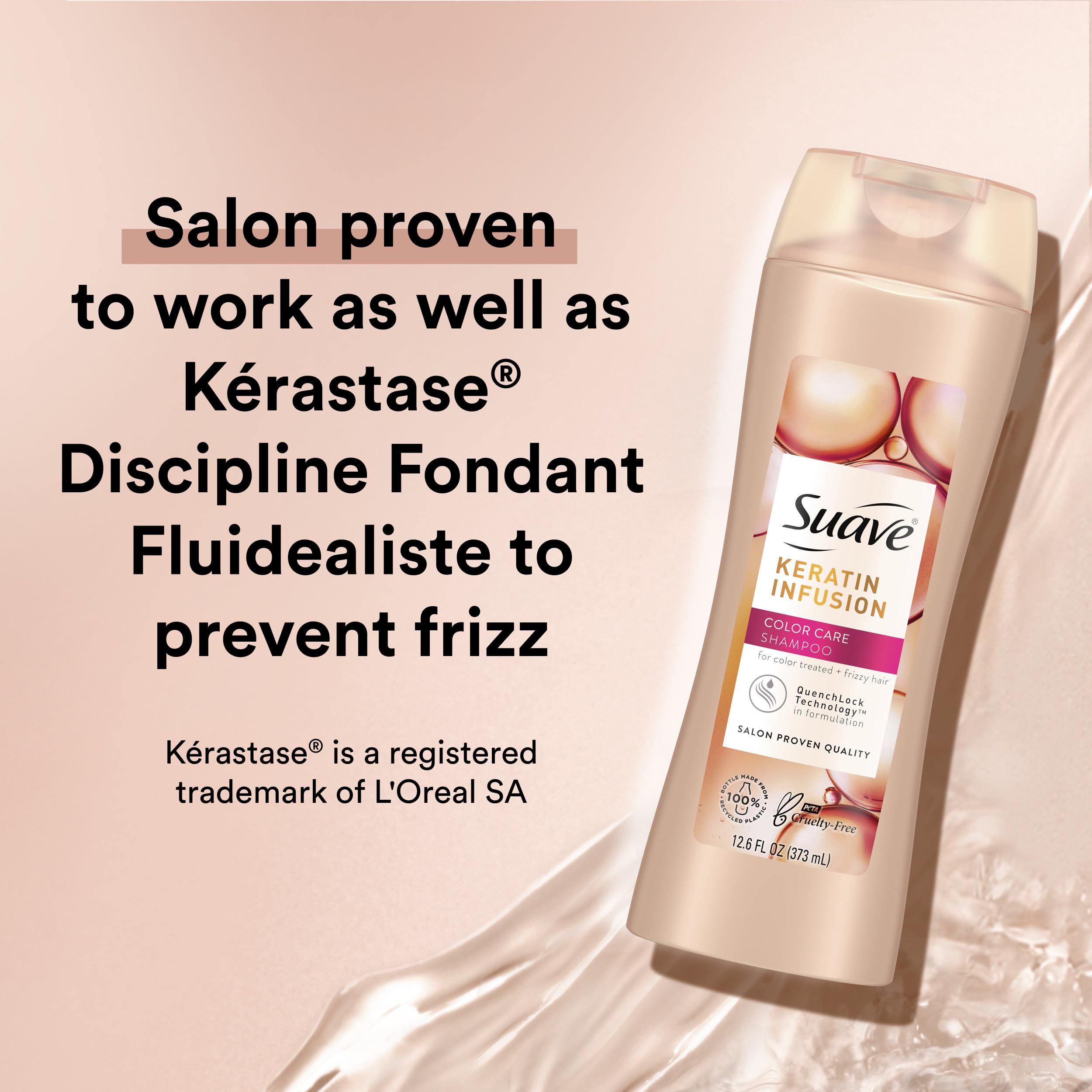Suave Conditioner close-up; silky hair texture after washing.