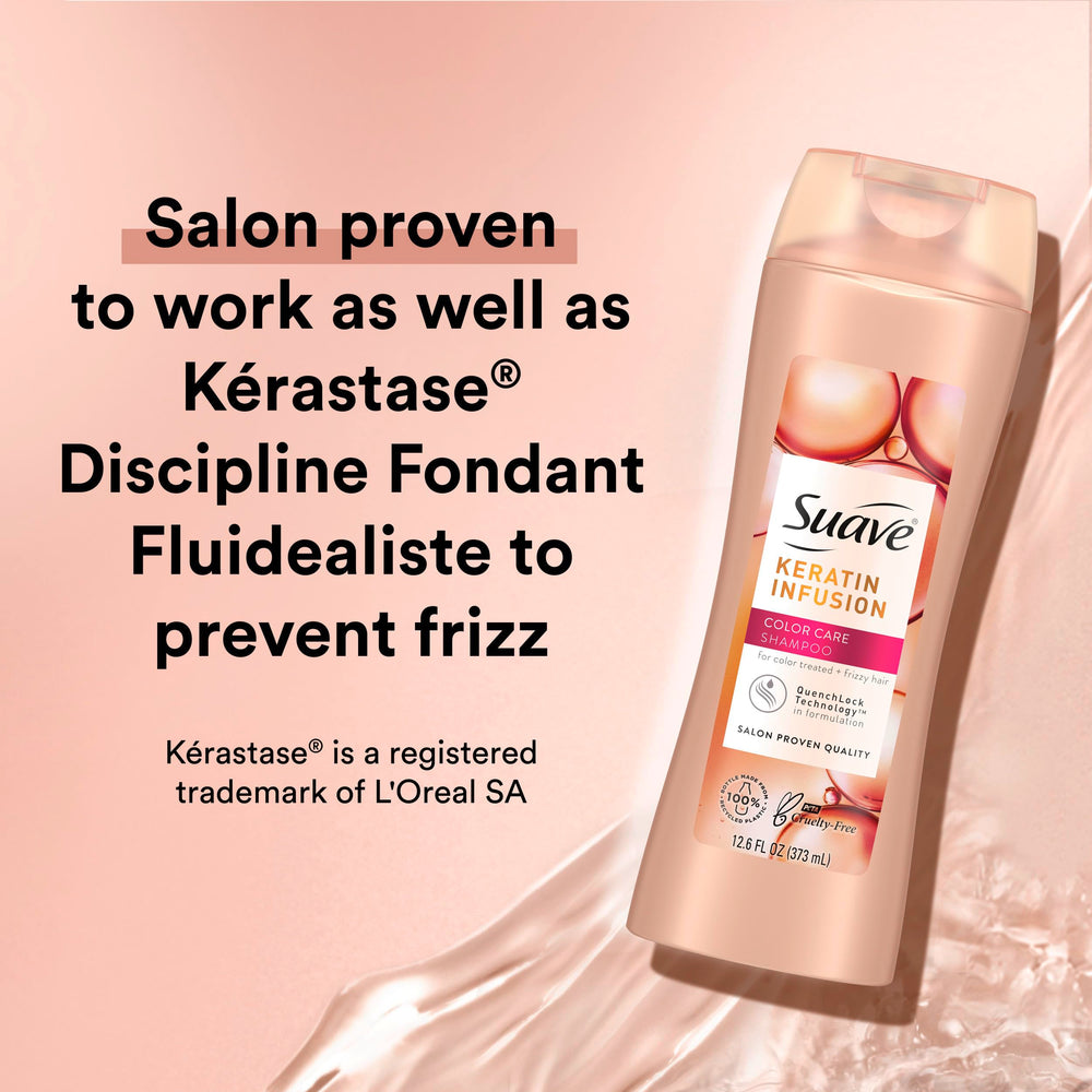 Suave Conditioner close-up; silky hair texture after washing.