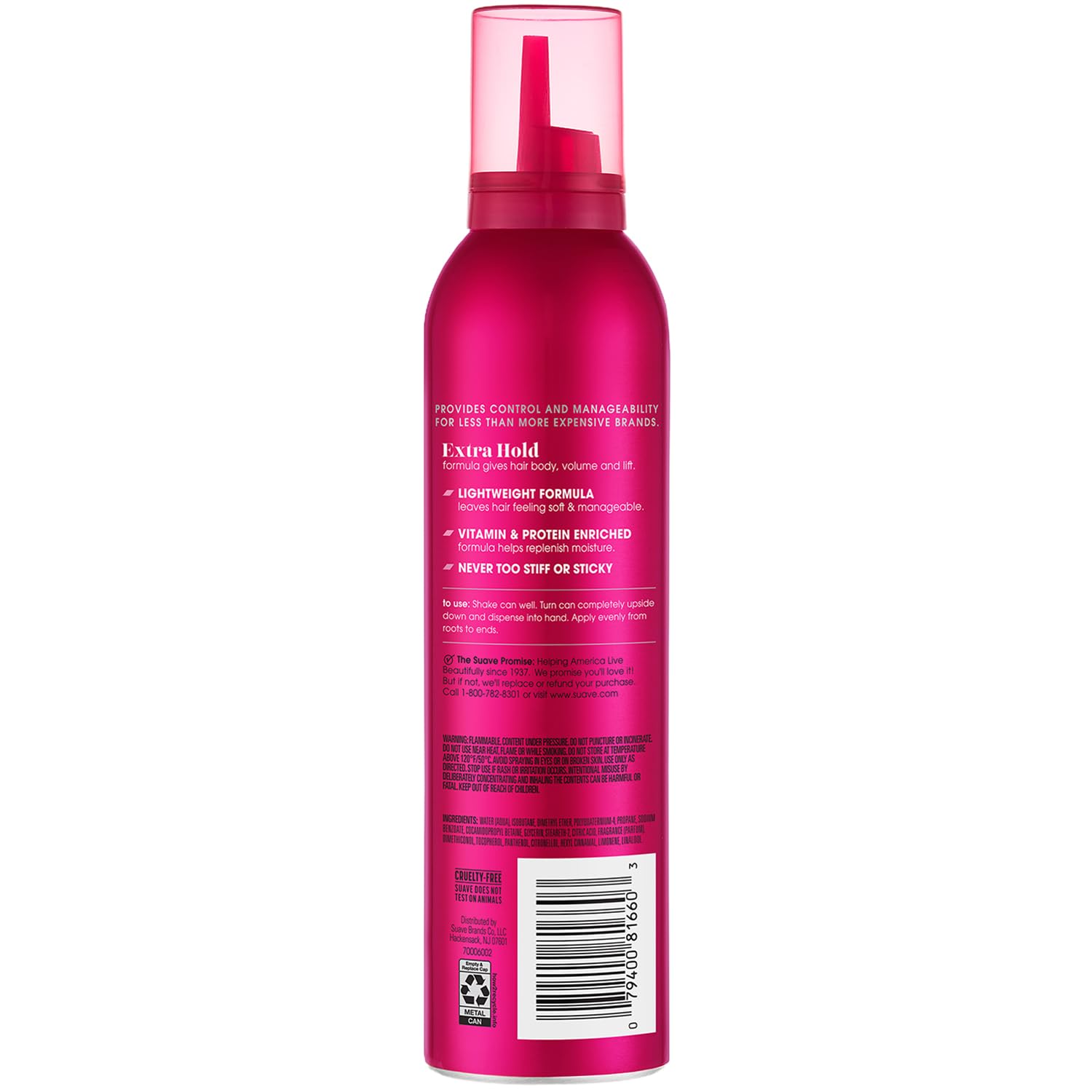 Cruelty-free badge on Suave mousse packaging signaling ethical choice.