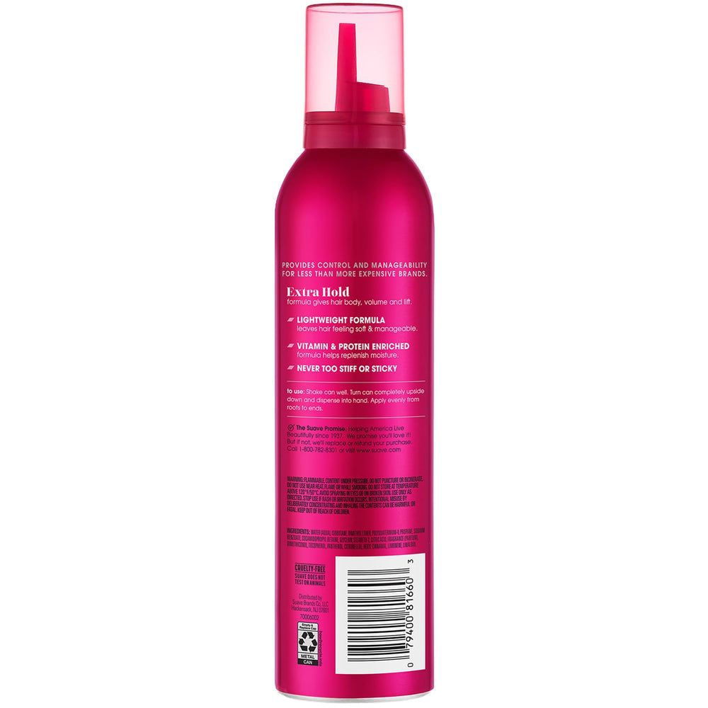 Cruelty-free badge on Suave mousse packaging signaling ethical choice.