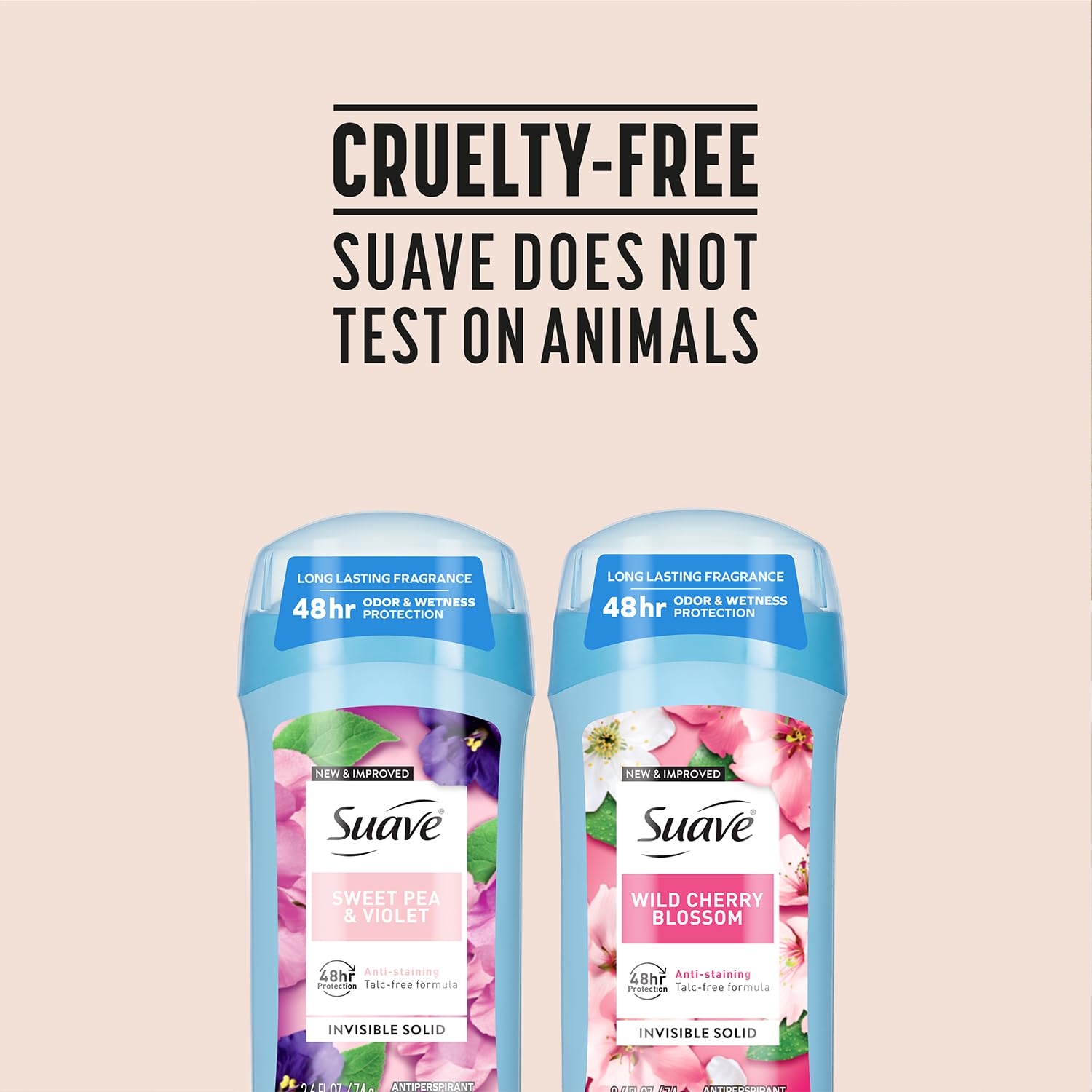 Suave cruelty-free logo confirms ethical testing practices by the brand.