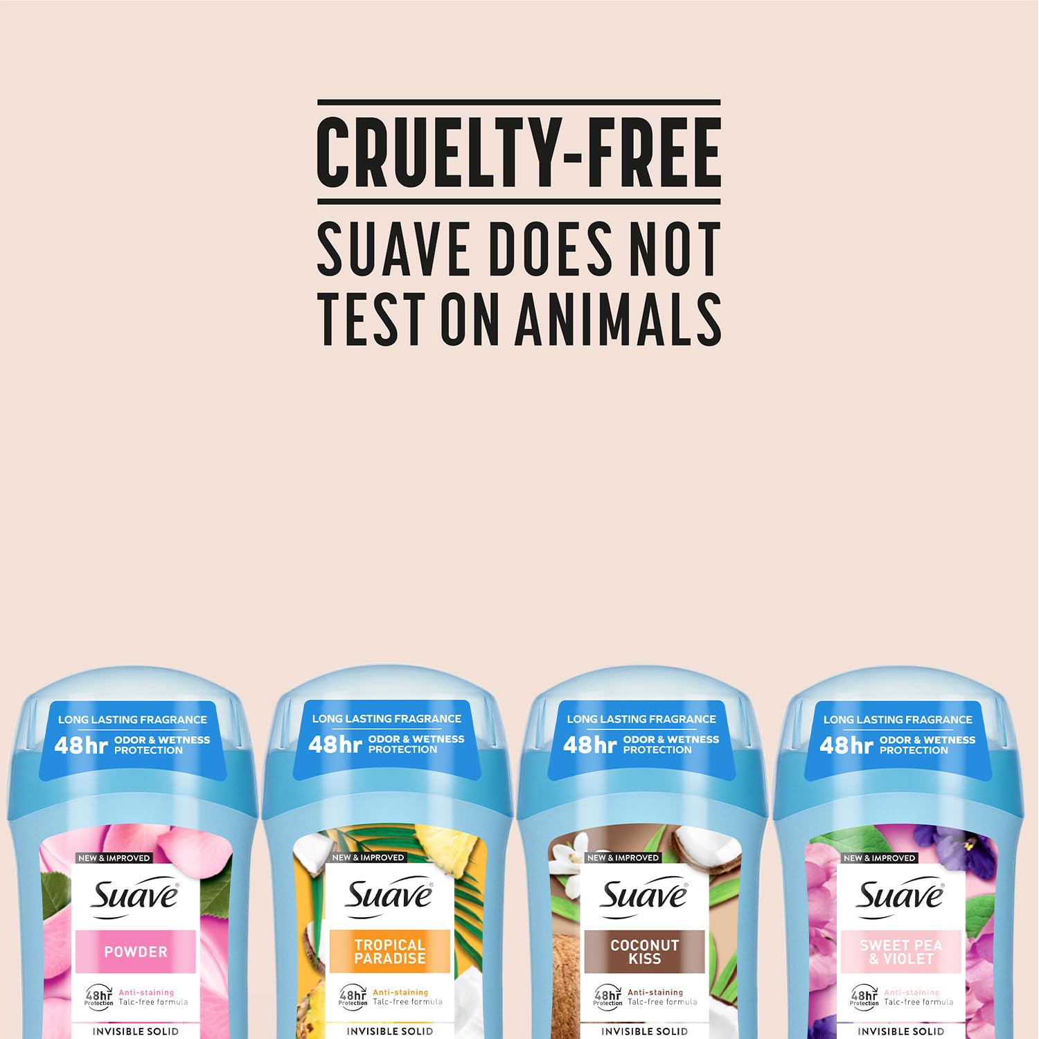Suave cruelty-free by PETA certification for conscientious choices.