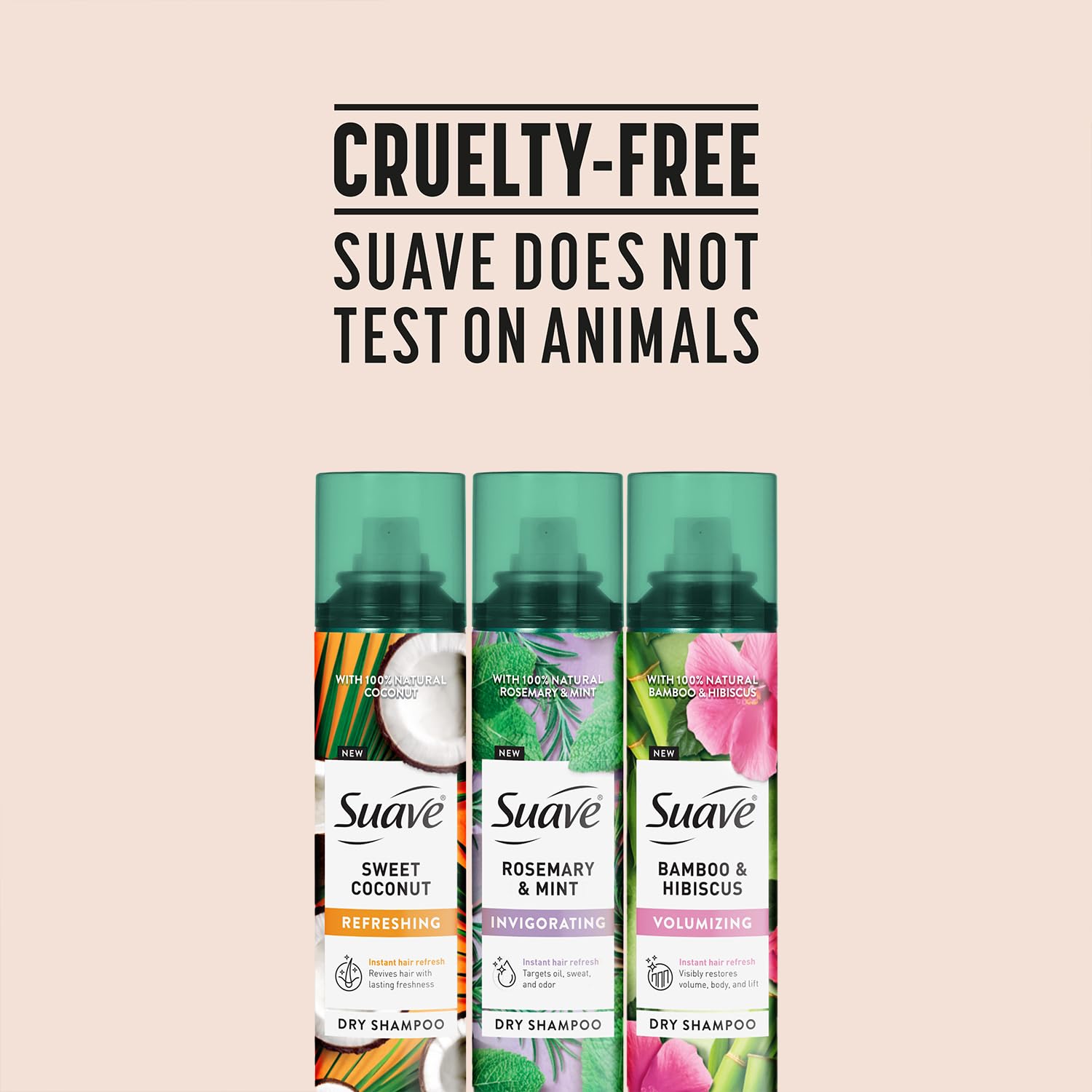 Packaging display of Suave dry shampoo showing three scents