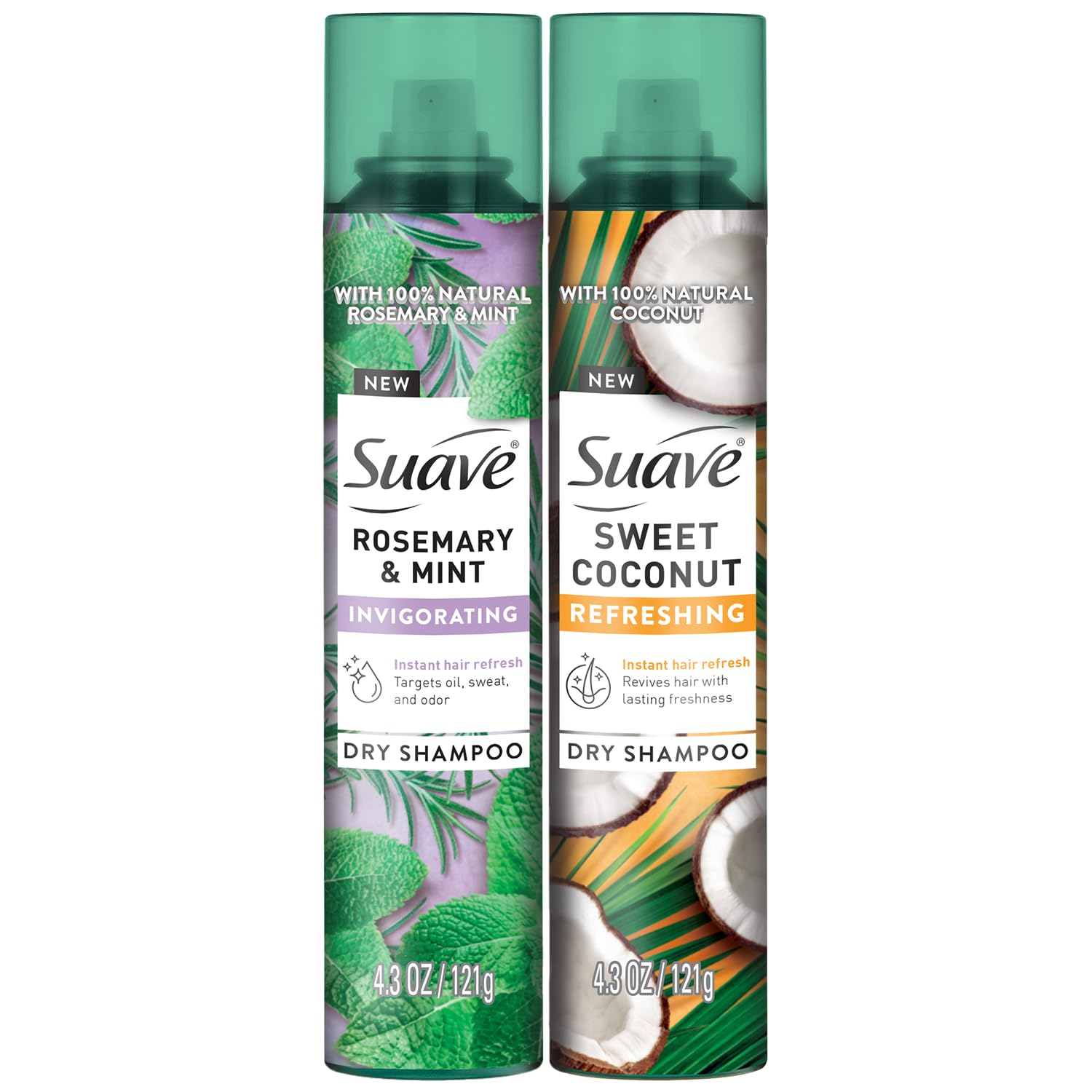 Suave dry shampoo rosemary-mint bottle highlights refreshing scent and quick refresh.