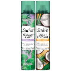 Suave dry shampoo rosemary-mint bottle highlights refreshing scent and quick refresh.