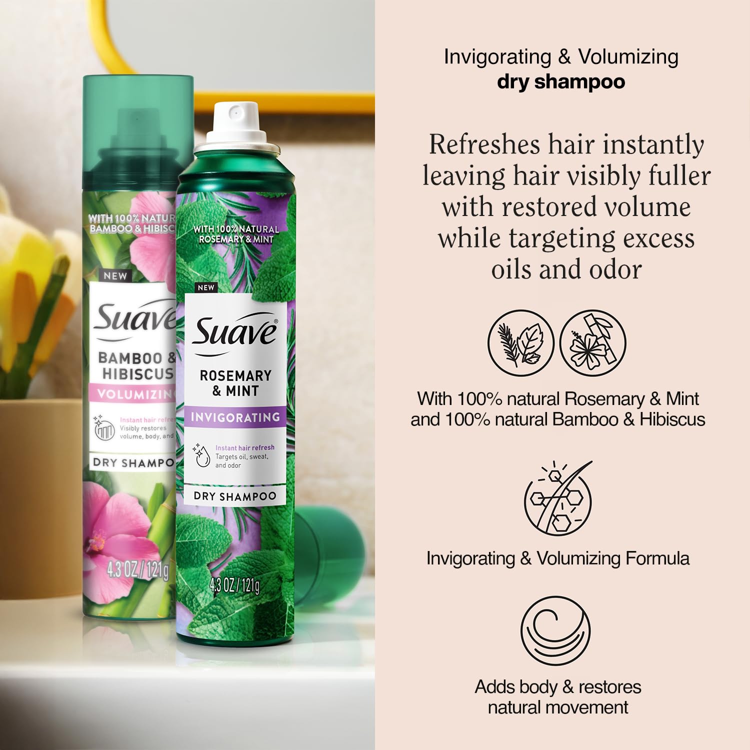 Suave dry shampoo variety 2-pack bamboo hibiscus bottle adds light volume