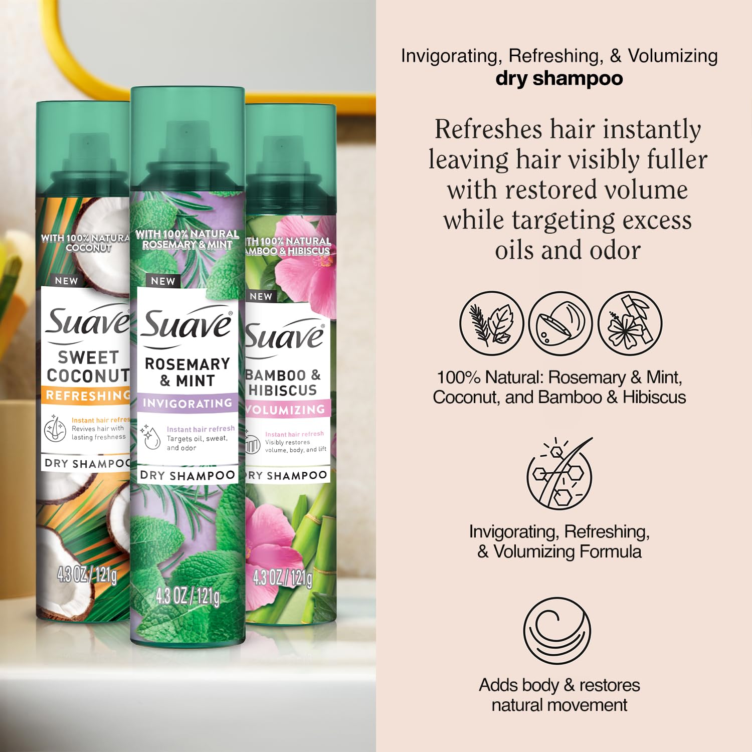 Suave dry shampoo bamboo hibiscus bottle adds volume and lift