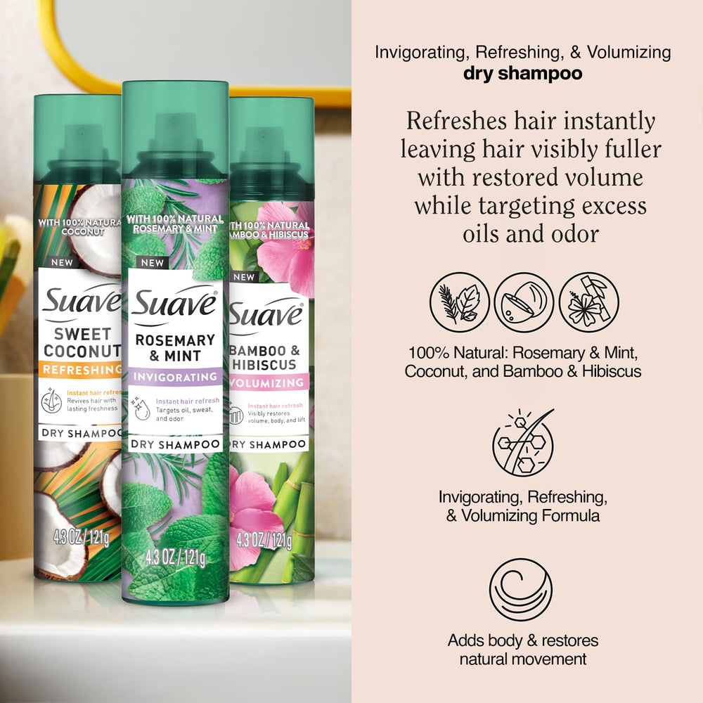 Suave dry shampoo bamboo hibiscus bottle adds volume and lift